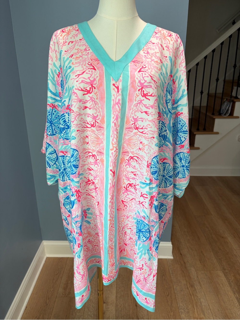 Lilly Pulitzer Pink Blue Coral Reef Caftan Cover Up Tunic XXS/XS Oversized